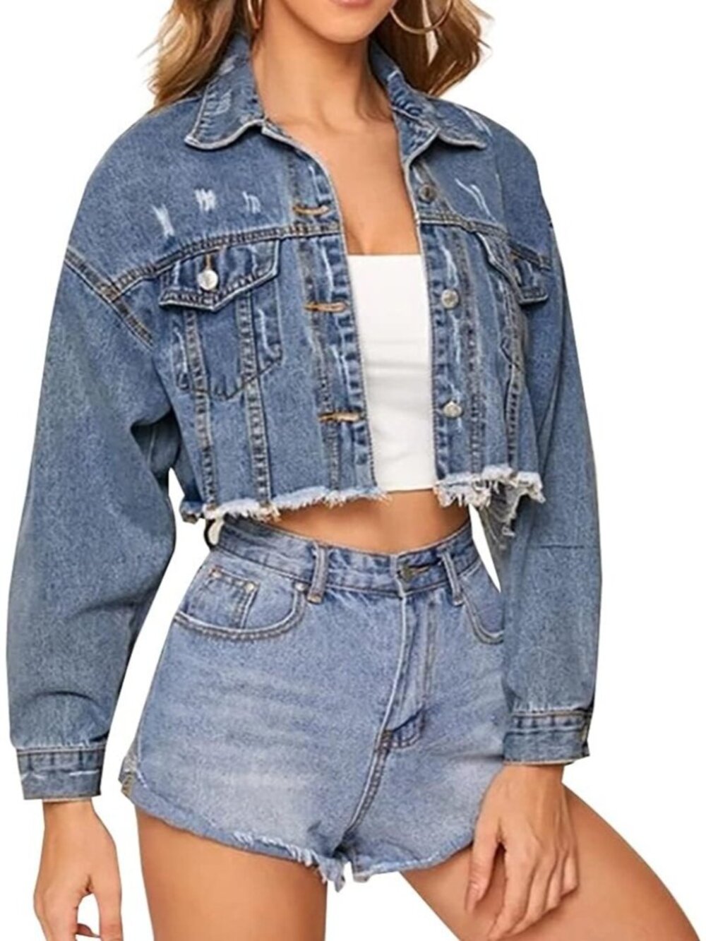 Women's Dark Blue Denim Button Down Distressed Cropped Jacket With Long Sleeve